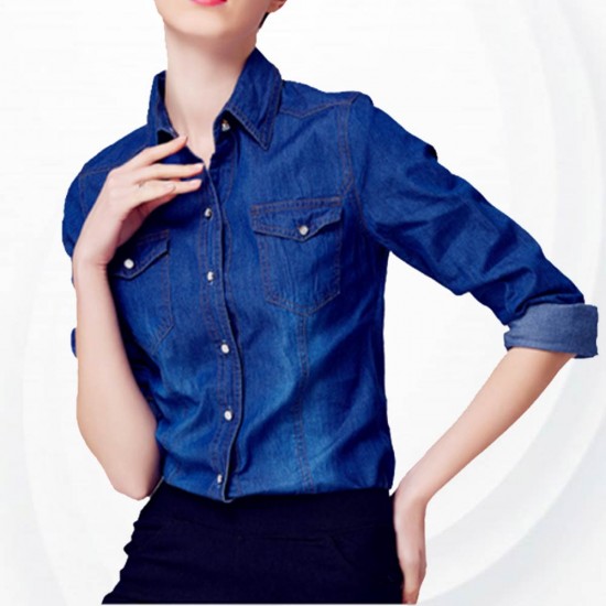 Women's Fashion Slim Denim Cardigan Stylish Long Sleeve Shirt - Blue |image