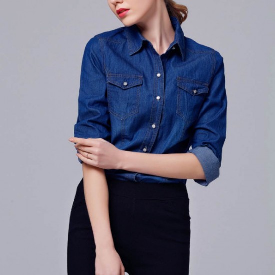 Women's Fashion Slim Denim Cardigan Stylish Long Sleeve Shirt - Blue |image