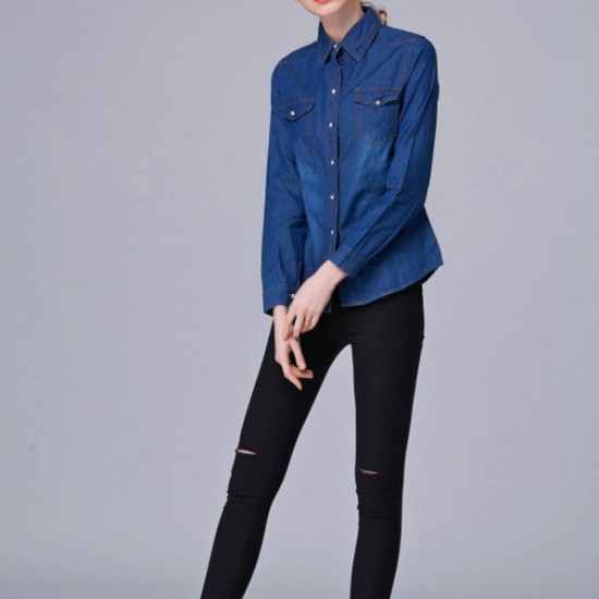 Women's Fashion Slim Denim Cardigan Stylish Long Sleeve Shirt - Blue |image