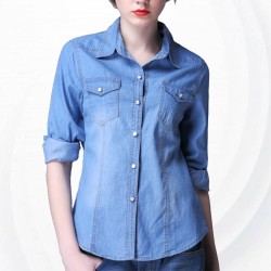 Women's Fashion New Slim Denim Cardigan Stylish Long Sleeve Shirt - Light Blue