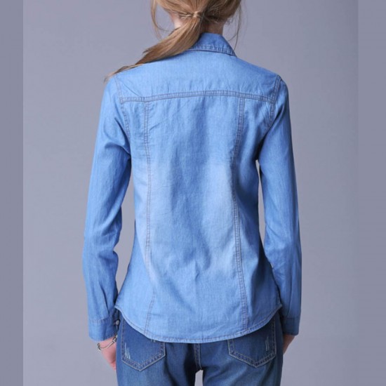 Women's Fashion New Slim Denim Cardigan Stylish Long Sleeve Shirt - Light Blue |