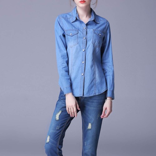 Women's Fashion New Slim Denim Cardigan Stylish Long Sleeve Shirt - Light Blue |