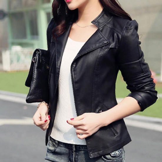  Slim Body Fit Women Paragraph Casual Leather Jacket WJ-09BK image