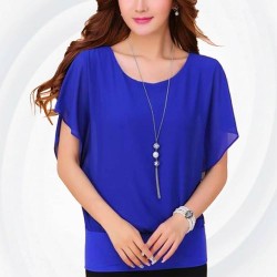 Summer Short Sleeve Round-Neck Chiffon Shirt for Women  - Blue