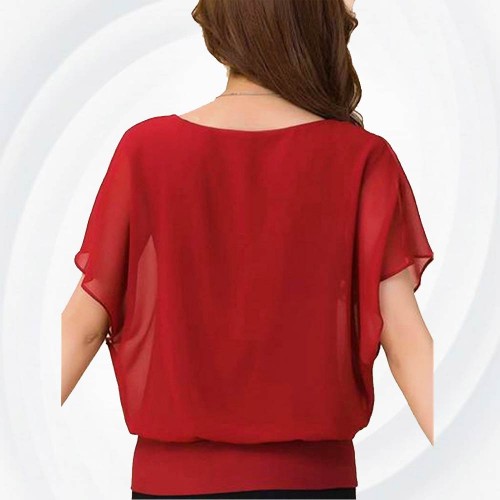 Summer Short Sleeve Round-Neck Chiffon Shirt for Women - Red |image