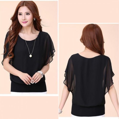 Summer Short Sleeve Round-Neck Black Chiffon Shirt for Women - Black