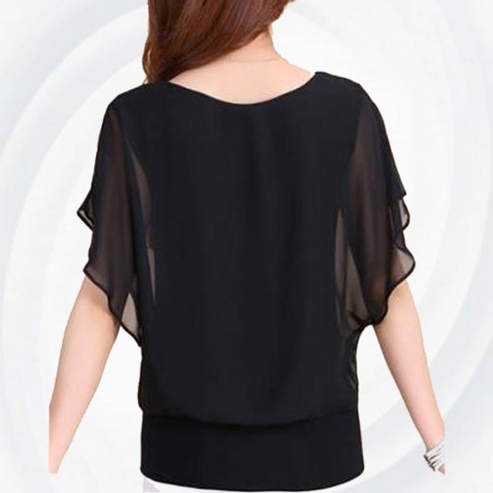 Summer Short Sleeve Round-Neck Black Chiffon Shirt for Women - Black
