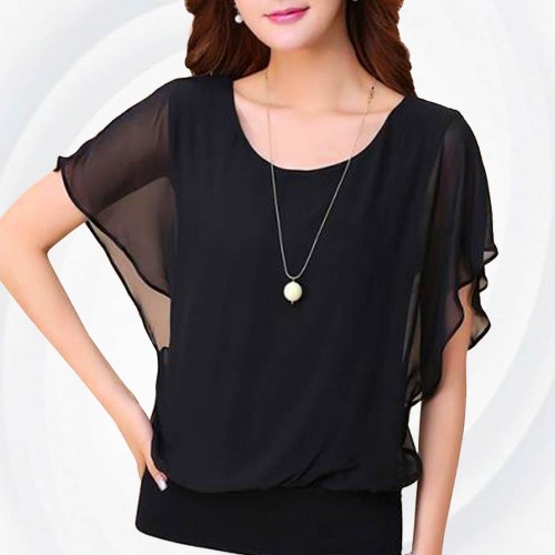 Summer Short Sleeve Round-Neck Black Chiffon Shirt for Women - Black