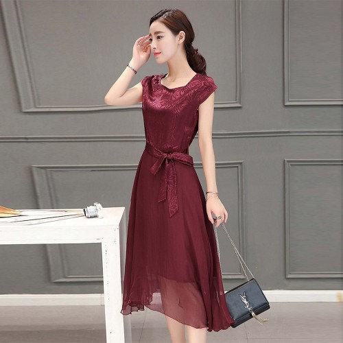Women Summer Elegant Short-sleeved Slim Pleated Party Dress 