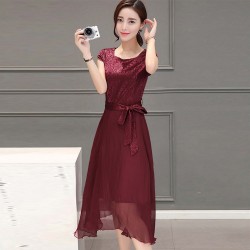 Women Summer Elegant Short-sleeved Slim Pleated Party Dress - Red