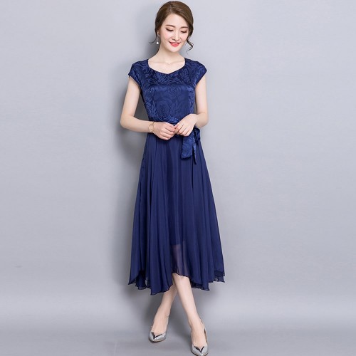 Women Summer Elegant Short-sleeved Slim Pleated Party Dress 
