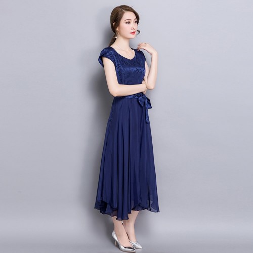 Women Summer Elegant Short-sleeved Slim Pleated Party Dress 