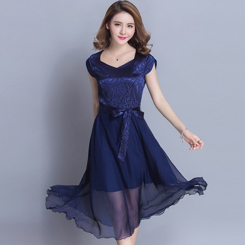 Women Summer Elegant Short-sleeved Slim Pleated Party Dress 