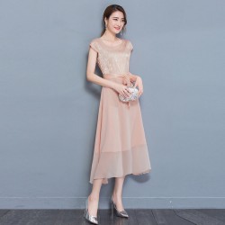Women Summer  Short-sleeved Slim Pleated Party Dress -  Beige