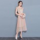 Women Summer  Short-sleeved Slim Pleated Party Dress -  Beige