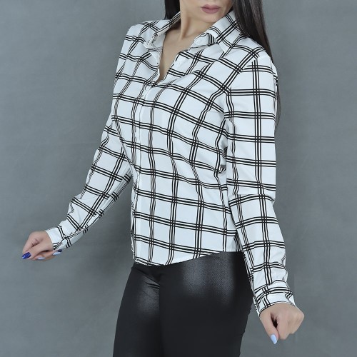 Women Fashion Lattice Simple Long-Sleeved Shirt - White