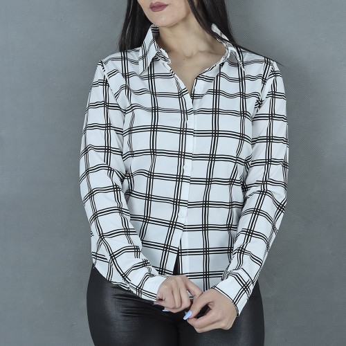 Women Fashion Lattice Simple Long-Sleeved Shirt - White