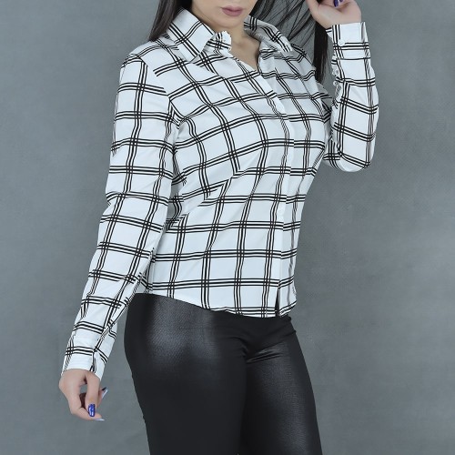 Women Fashion Lattice Simple Long-Sleeved Shirt - White