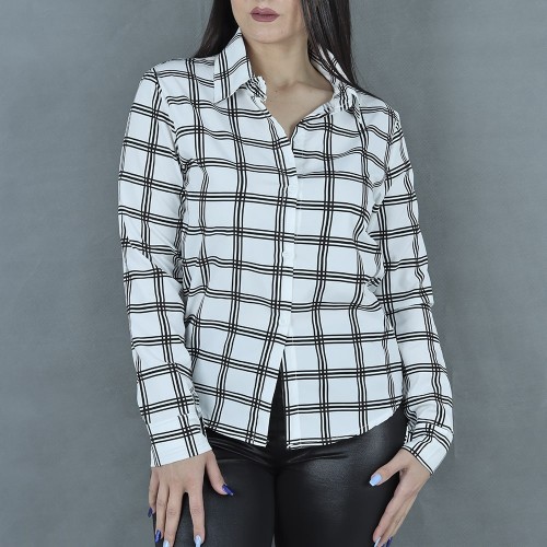 Women Fashion Lattice Simple Long-Sleeved Shirt - White