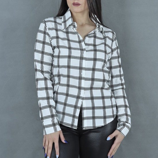Women Fashion Lattice Simple Black And White Long-Sleeved Shirt Women Fashion Lattice Simple Long-Sleeved Shirt - White