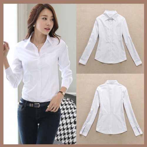 Women Summer Cotton Long Sleeves White Casual Shirt - White 
