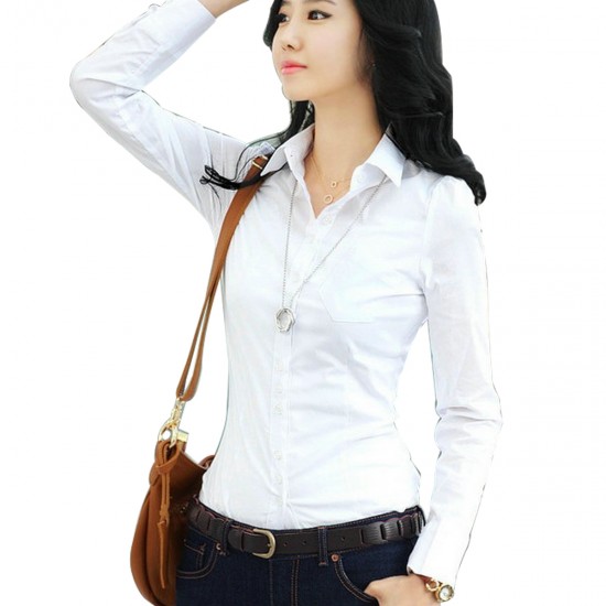 Women Summer Cotton Long Sleeves White Casual Shirt - White 