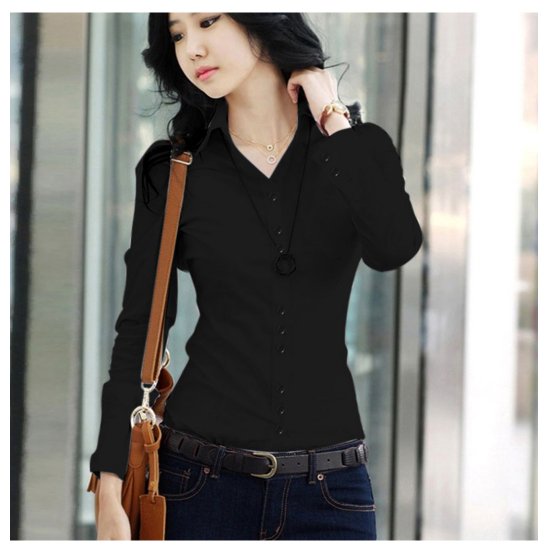 Women Summer Cotton Long Sleeves Black Casual Shirt - Black 