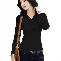 Women Summer Cotton Long Sleeves Black Casual Shirt - Black