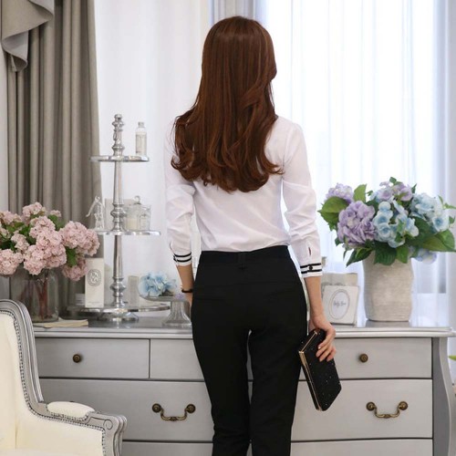 Women Summer Ribbon Pattern long Sleeved Casual Slim Shirt - White |image