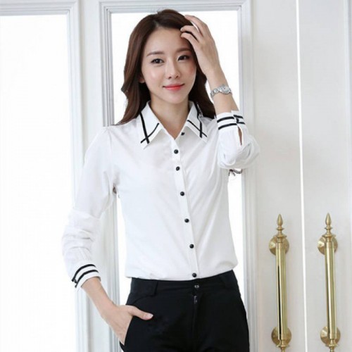 Women Summer Ribbon Pattern long Sleeved Casual Slim Shirt - White |image