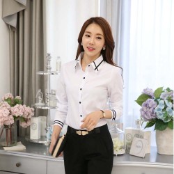 Women Summer Ribbon Pattern long Sleeved Casual Slim Shirt - White