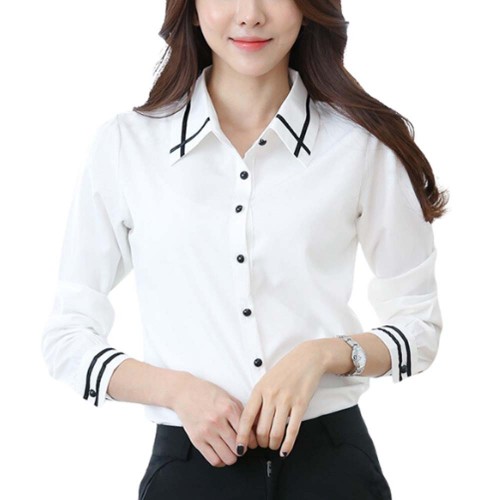 Women Summer Ribbon Pattern long Sleeved Casual Slim Shirt - White |image