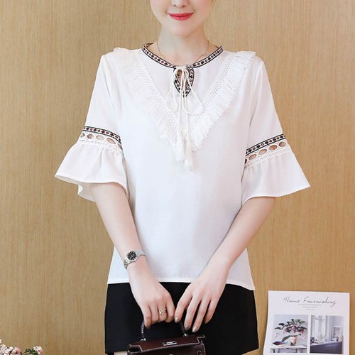 Women Elegant Summer Cotton Pom Pom Blouse Short Sleeve Shirt WC-170W image