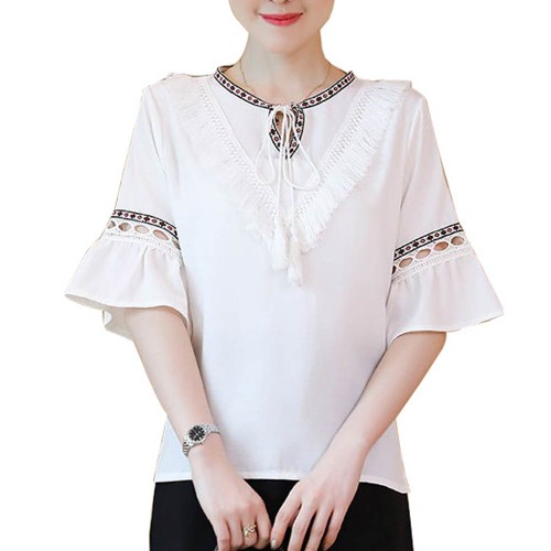Women Elegant Summer Cotton Pom Pom Blouse Short Sleeve Shirt WC-170W image