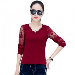 Casual Long Sleeve Crew Neck Women Blouse - Red 