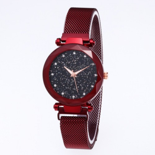 Red Magnetic Strap Sky Diamond Dial Bracelet Watch W-33RD |image