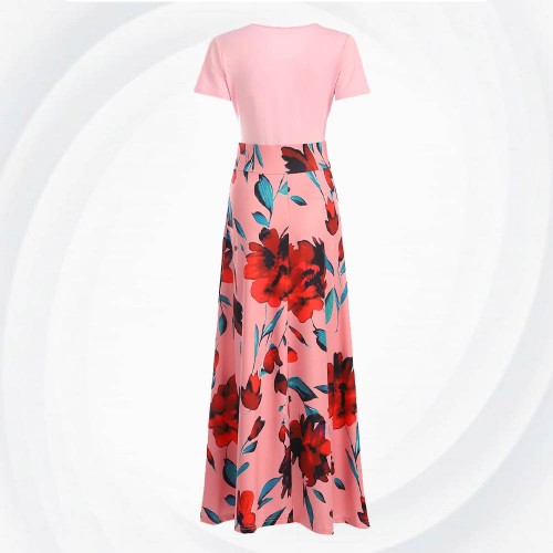 Women's Boho Patchwork Floral Short Sleeve Maxi Dress - Pink |image