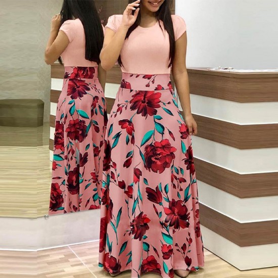 Showing image for Women's Boho Patchwork Floral Short Sleeve Maxi Dress WC-202PK Women's Boho Patchwork Floral Short Sleeve Maxi Dress - Pink |image
