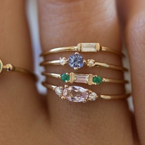 Simple Mosaic Zircon Gold Plated 4 Pieces Rings - Gold |image