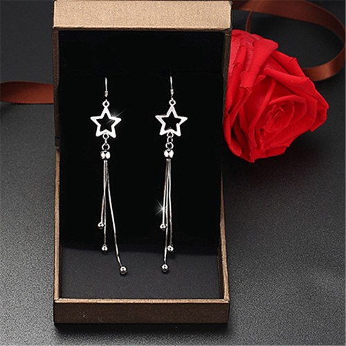 Silver Star Tassels Long Pendant Earrings E-42 |image