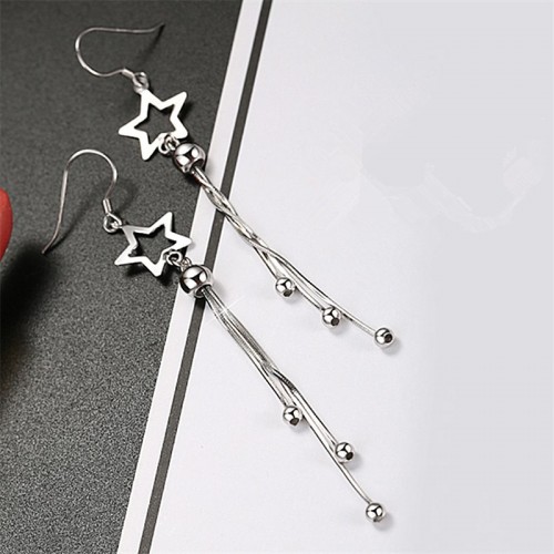 Silver Star Tassels Long Pendant Earrings E-42 |image