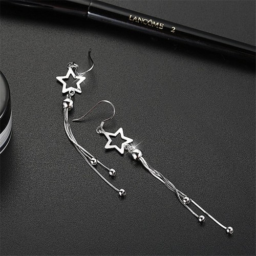 Silver Star Tassels Long Pendant Earrings E-42 |image