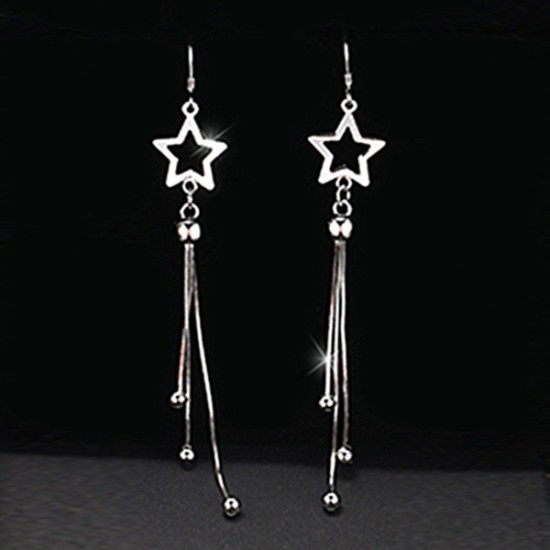 Silver Star Tassels Long Pendant Earrings E-42 |image