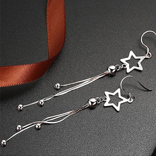 Silver Star Tassels Long Pendant Earrings E-42 |image