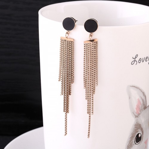 Black Clover Long Chain Rose Gold Tassel Earrings