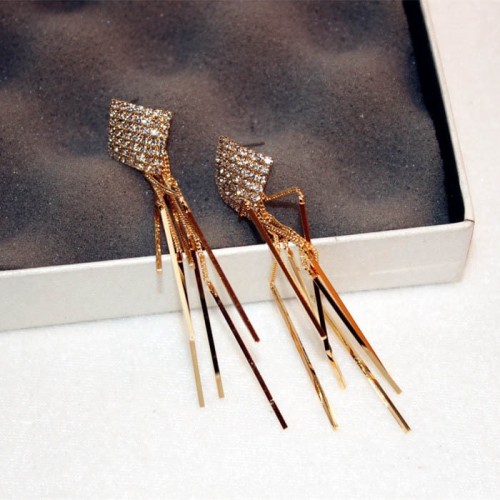 Diamonds Clover Long Chain Gold Tassel Earrings E-64G |image