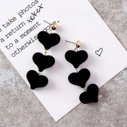 Piercing Dangle Earrings with 3 Linked Velvet Black Love Hearts E-55B