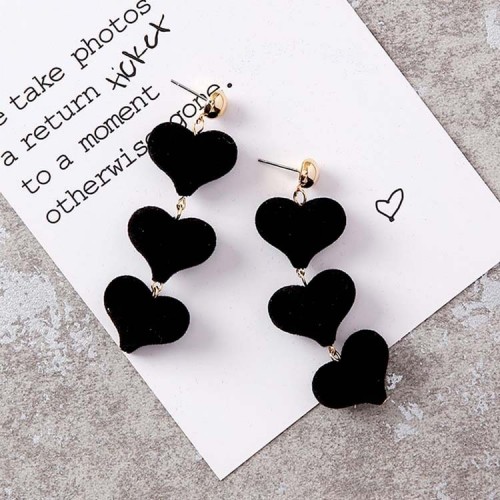 Piercing Dangle Earrings with 3 Linked Velvet Black Love Hearts E-55B |image