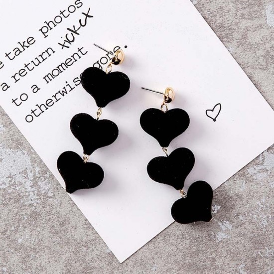 Piercing Dangle Earrings with 3 Linked Velvet Black Love Hearts E-55B |image