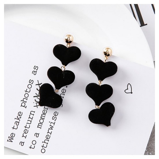 Piercing Dangle Earrings with 3 Linked Velvet Black Love Hearts E-55B |image